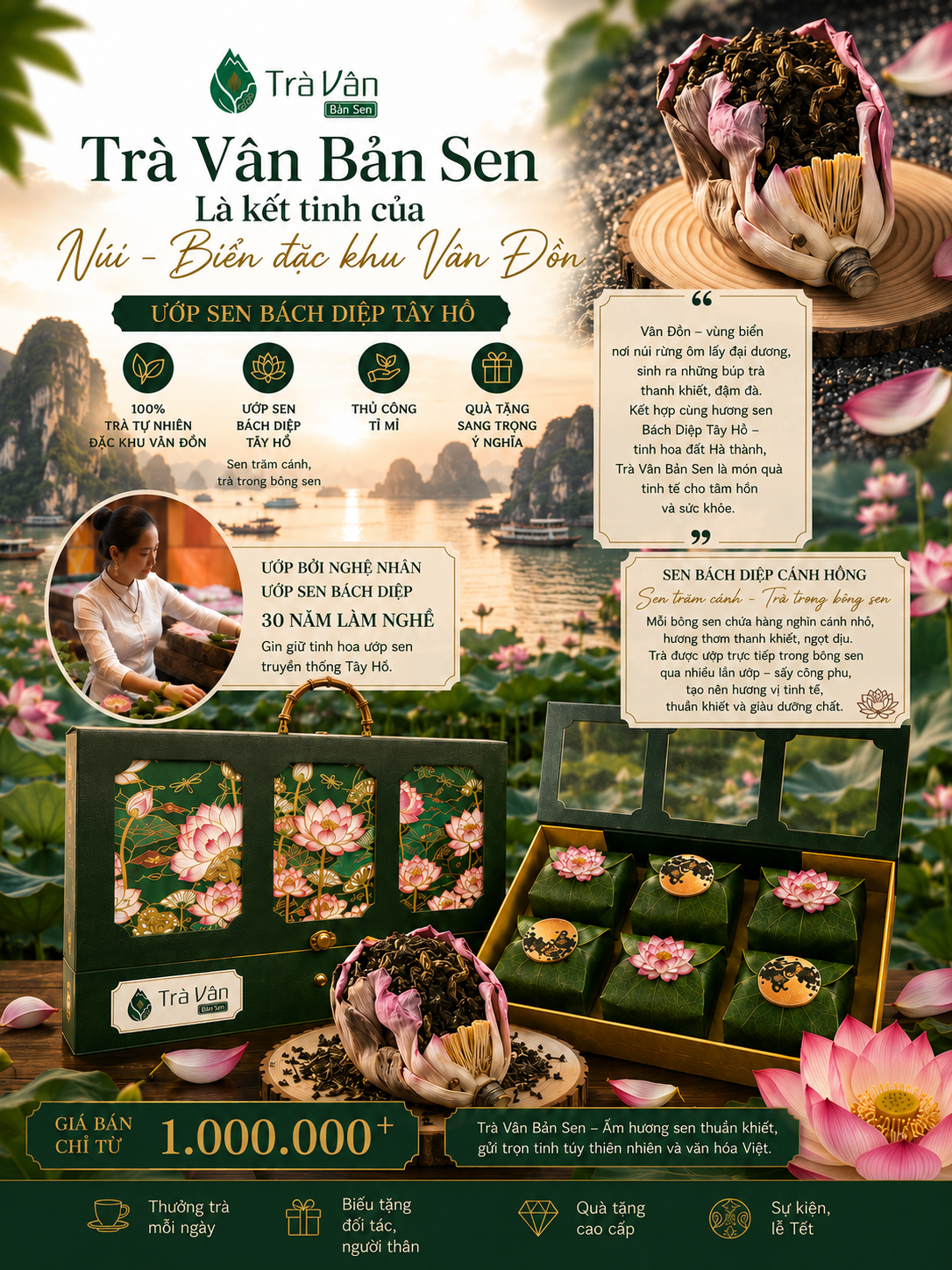 Trà Vân Bản Sen - Ướp Sen Bách Diệp Tây Hồ