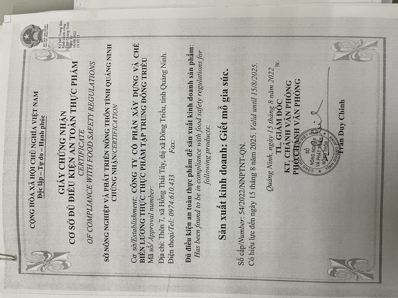 ATTP cong ty CPXD va CBLTTP tap trung Dong Trieu